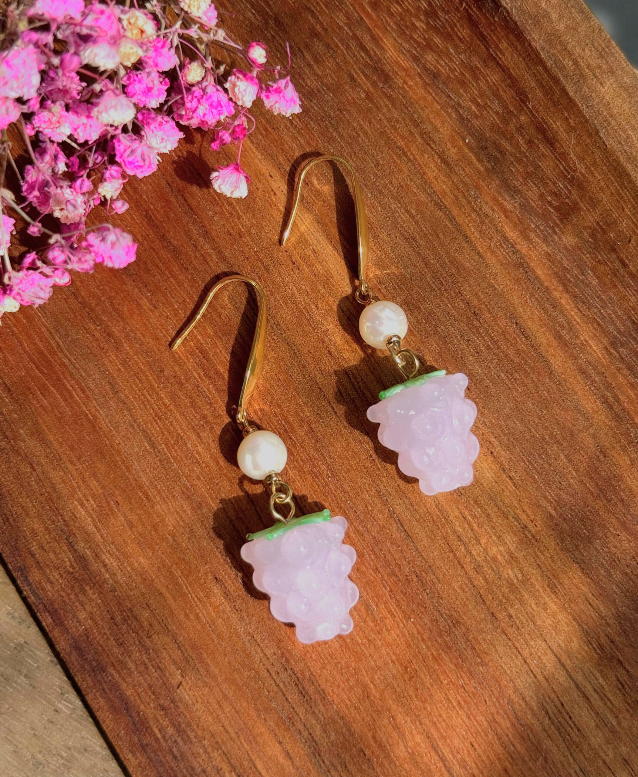 Kolczyki różowe malinki z perłami