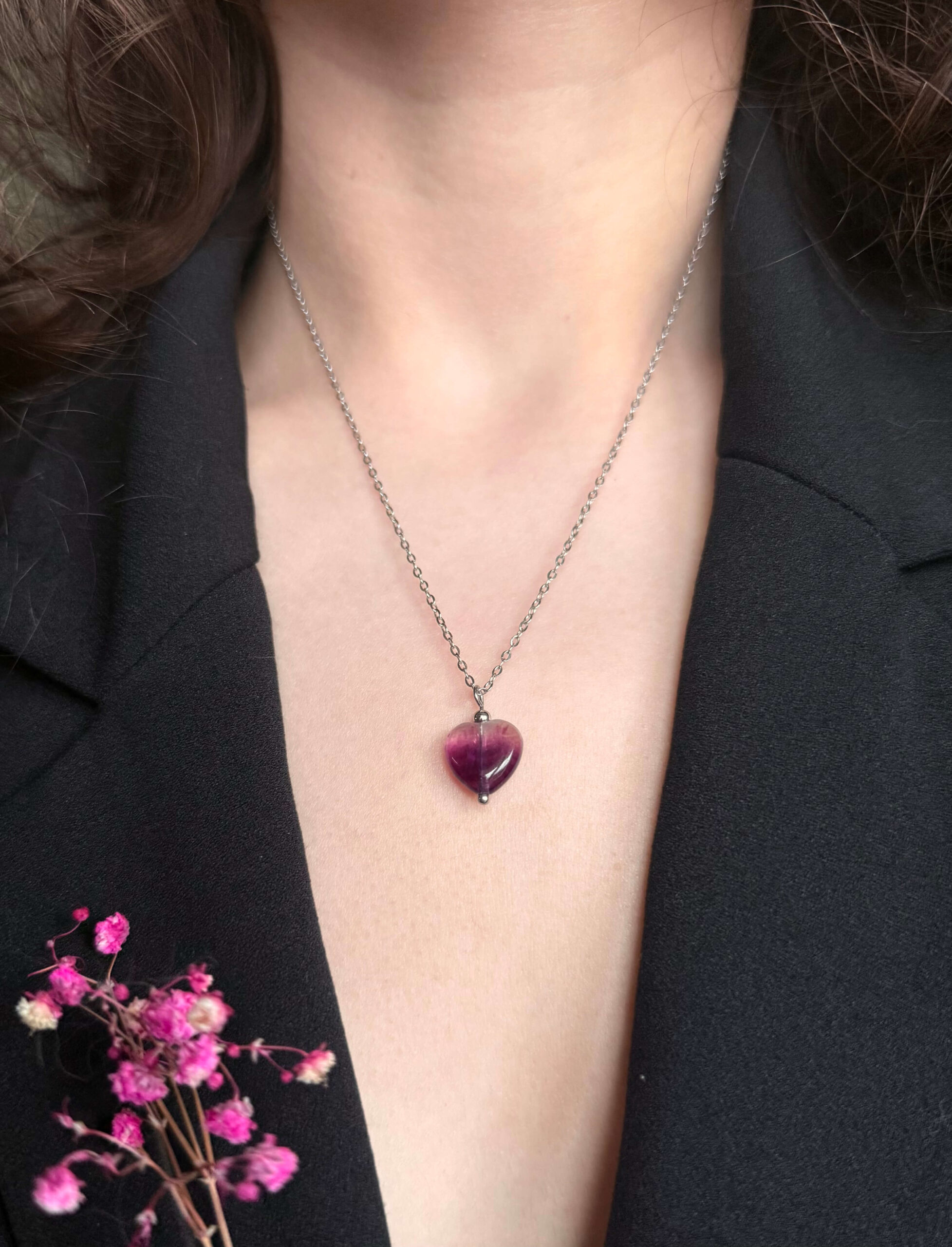 Łańcuszek z serduszkiem z fioletowego fluorytu N°4 - obrazek 4